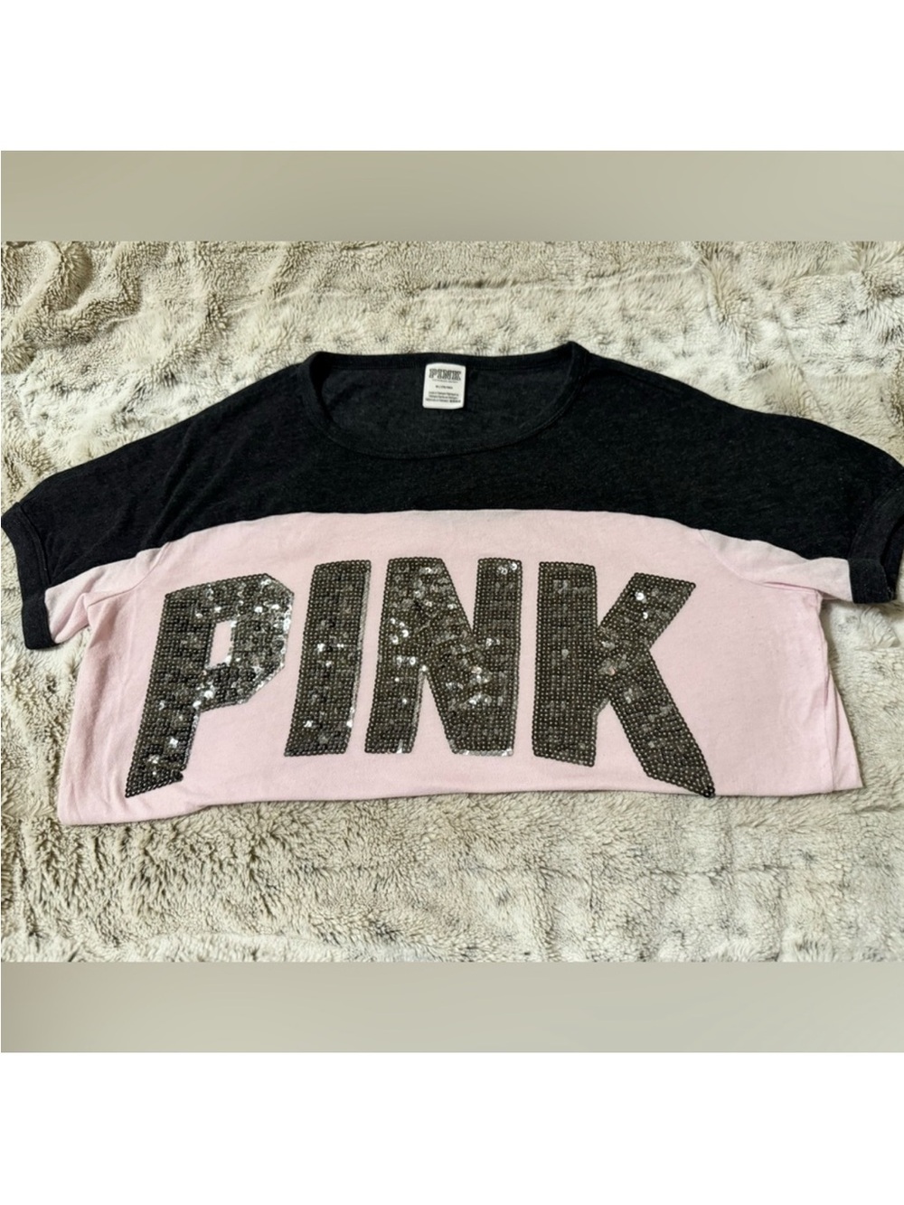 PINK Victoria's Secret Black & Light Pink Sequin Logo Short Sleeve Tee